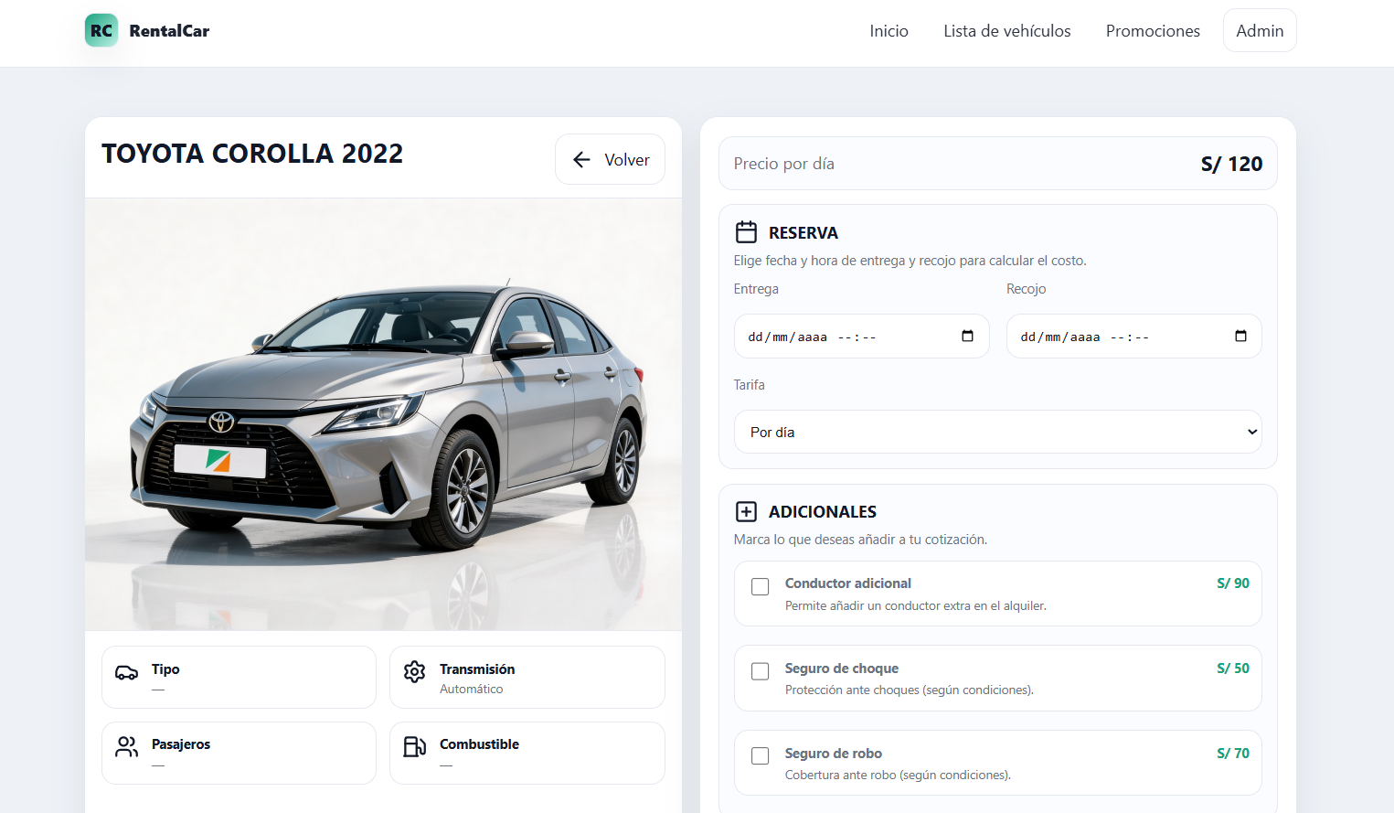 Reserva y adicionales del auto